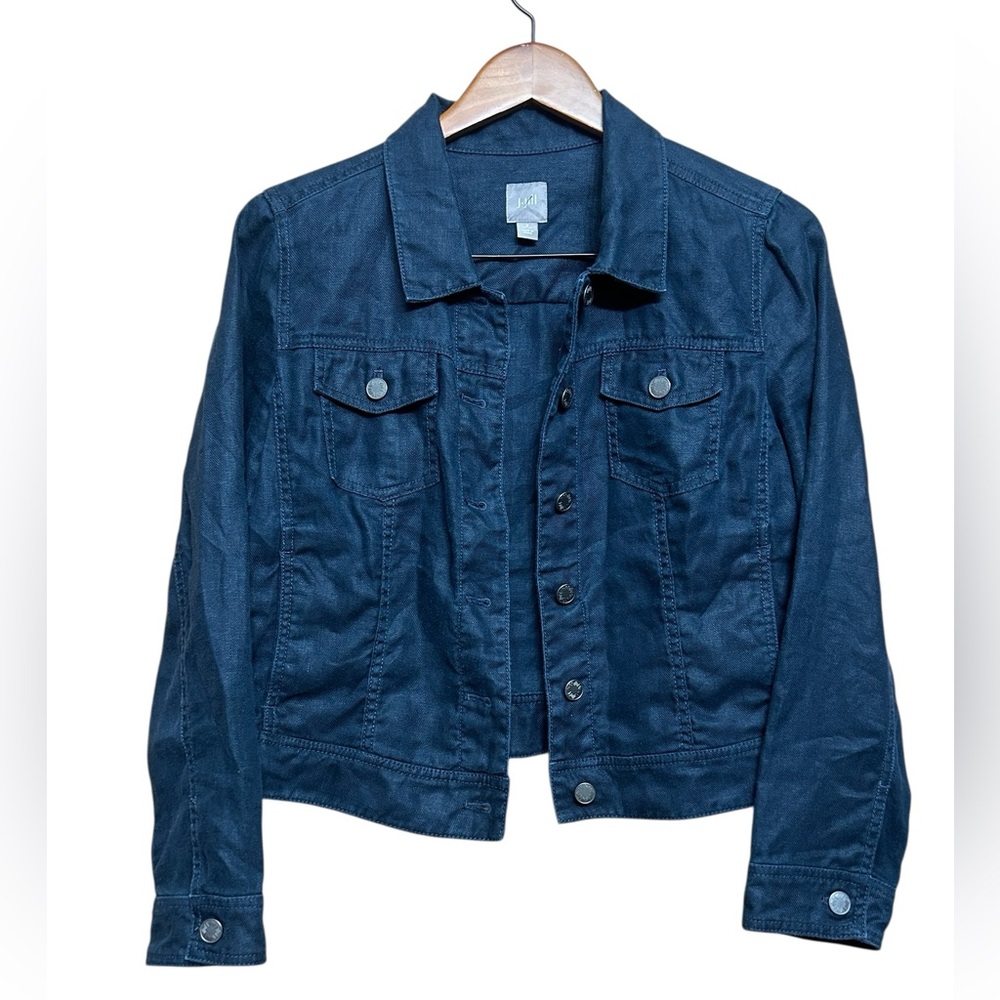 J JILL 100% Linen Cropped Button Down Trucker Jacket Minimal Small petite Blue
